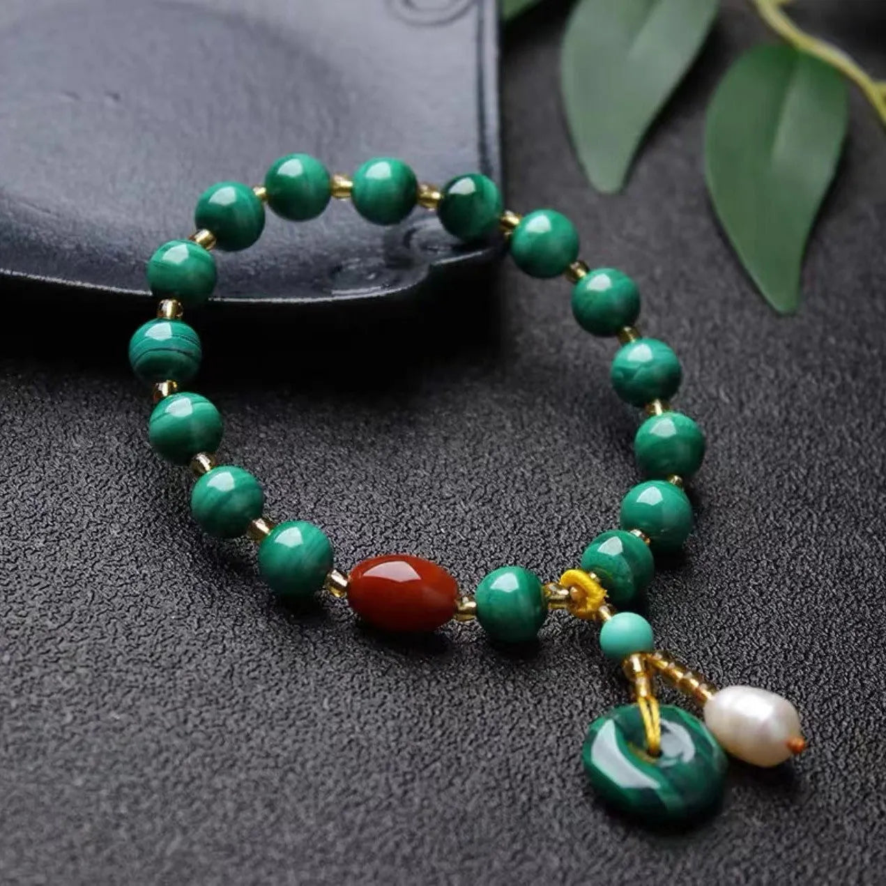 Natural green malachite and red agate barrel bead bracelet, handcrafted, approx 7-8mm beads