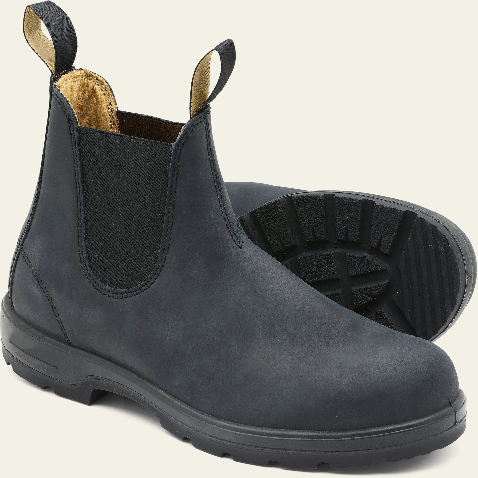 Vintage frosted faux leather Chelsea boots for men and women on a neutral background.