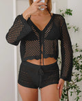 Short women's cardigan blouse with bell sleeves in apricot hollow woven fabric