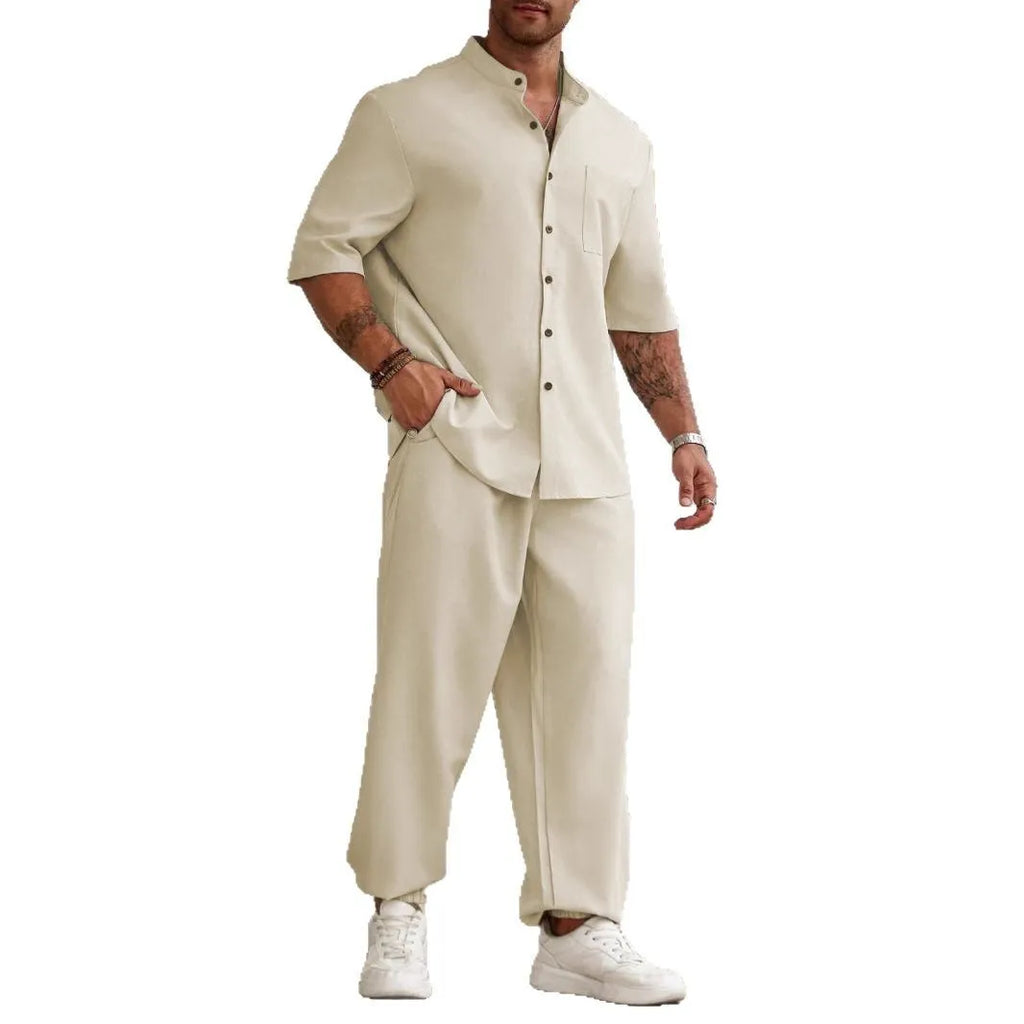 Men's cotton linen casual shirt and trousers set in three colour options with Asian sizing
