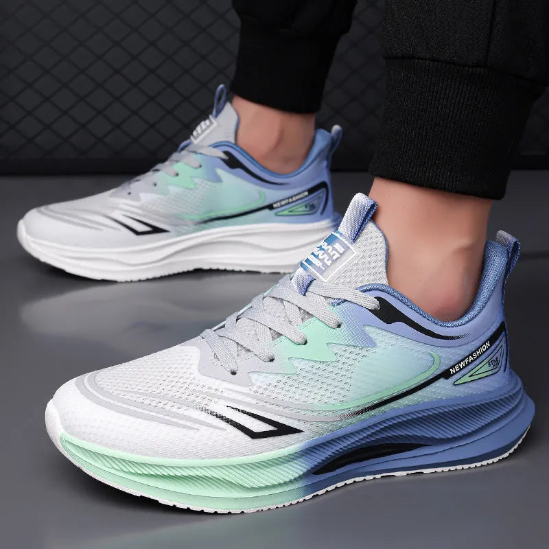 Men's low-top casual shoes in gray green with woven mesh upper and rubber platform sole.