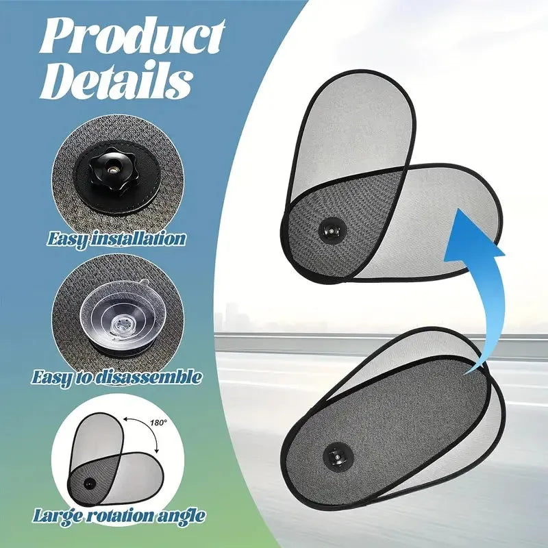 Black adjustable car side window sunshade with suction cups stretched over glass