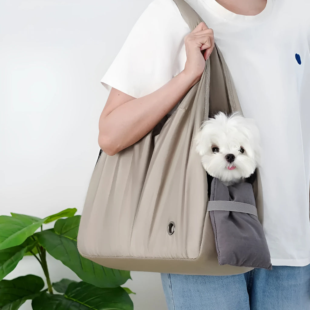 Apricot cloth pet handbag measuring 41cm long for carrying small dogs or cats