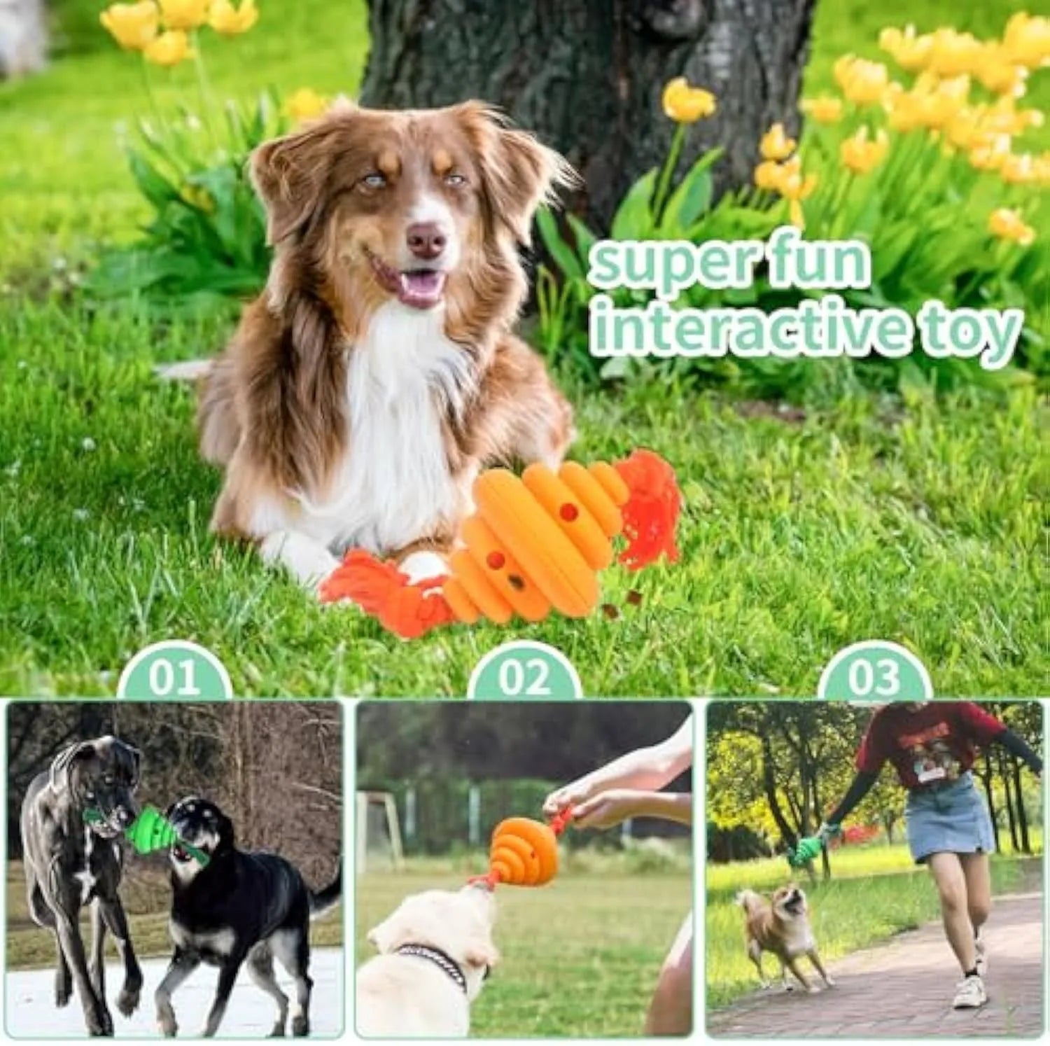 Green and yellow oval dog ball with knotted rope, a slow-leak food dispenser chew toy.