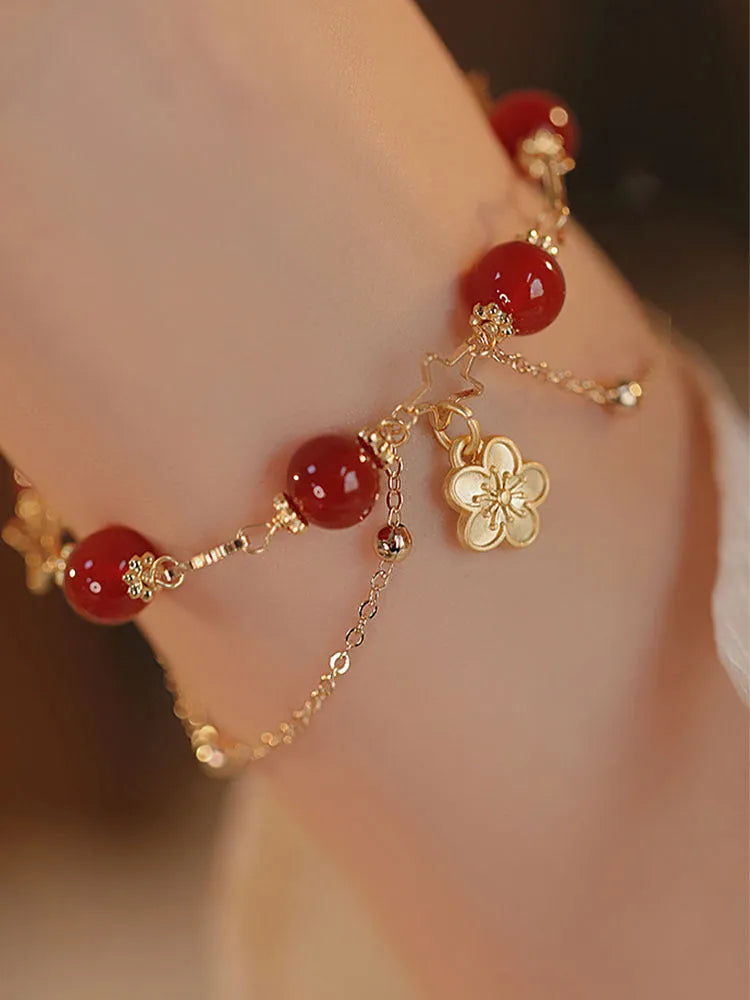 Red agate double layer bracelet with floral and peach blossom motifs