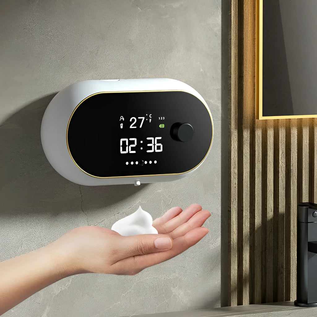White automatic wall-mounted foam soap dispenser with sensor, USB cable, and 500ml capacity.