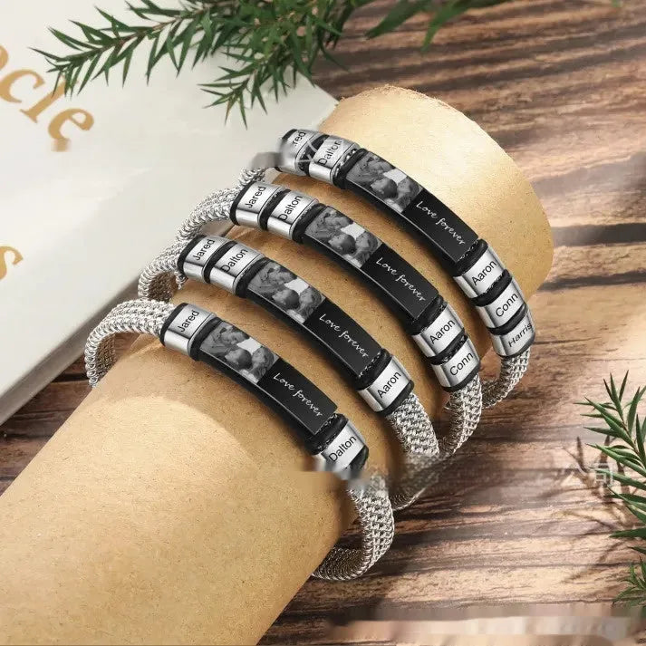 Titanium steel lettering bracelet with leather rope adjustable closure showing heart-shaped design detail