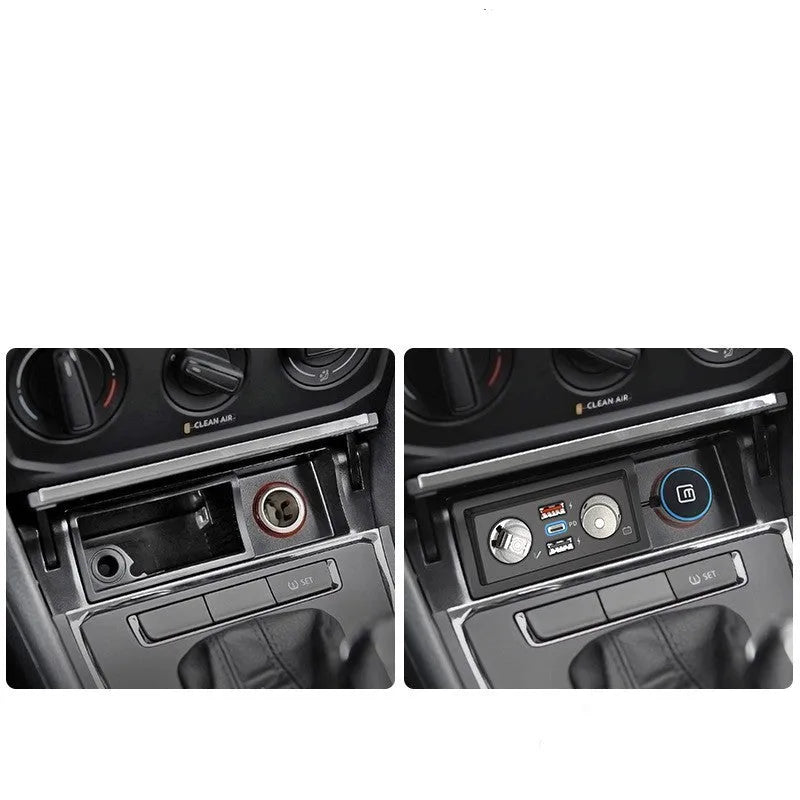 Black car charger with two USB ports for QC3.0 fast charging, designed for VW Lavida and Skoda Pola vehicles