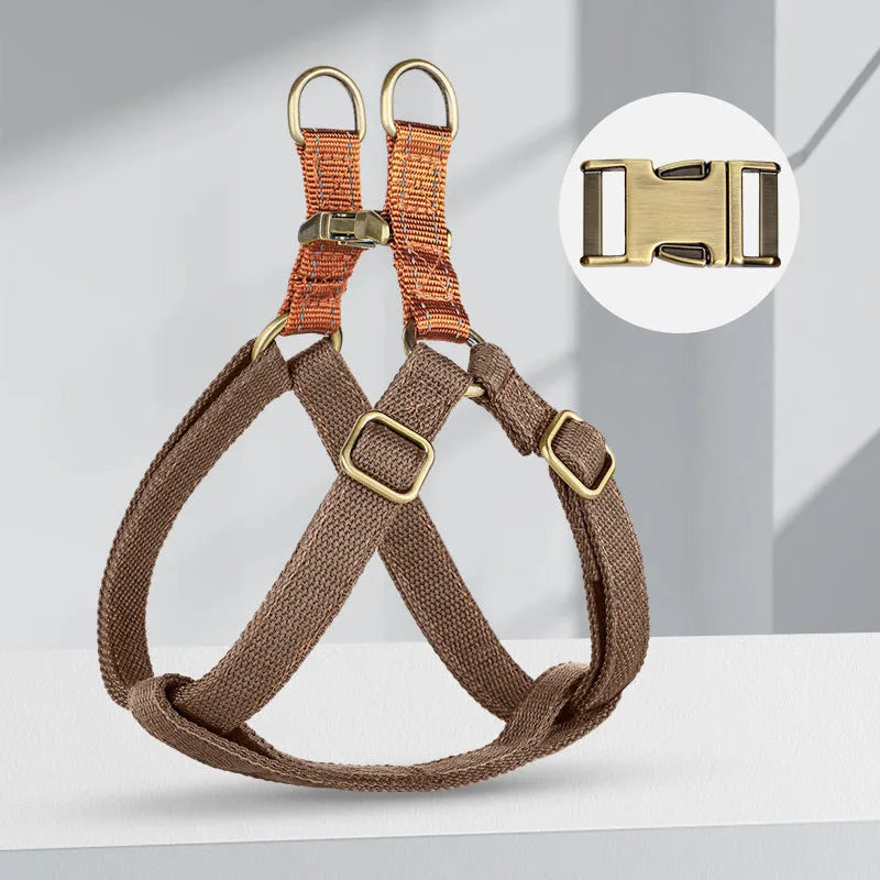 Brown vest-style dog leash with cotton belt construction and alloy fasteners