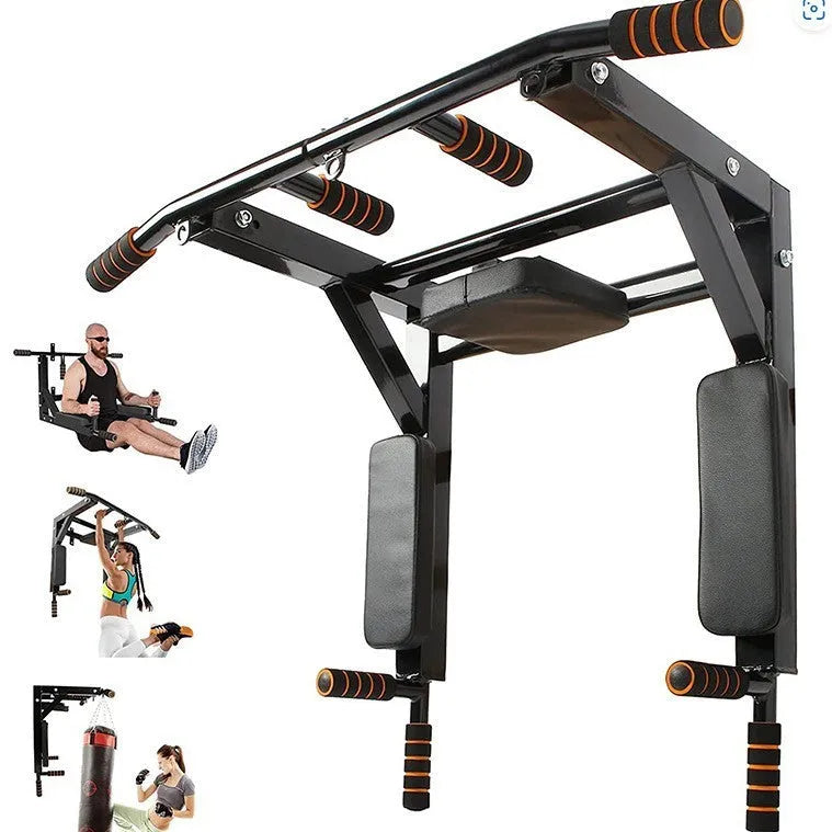 Black wall-mounted fitness equipment with integrated sandbag rack and parallel pull-up bars for indoor and outdoor strength training