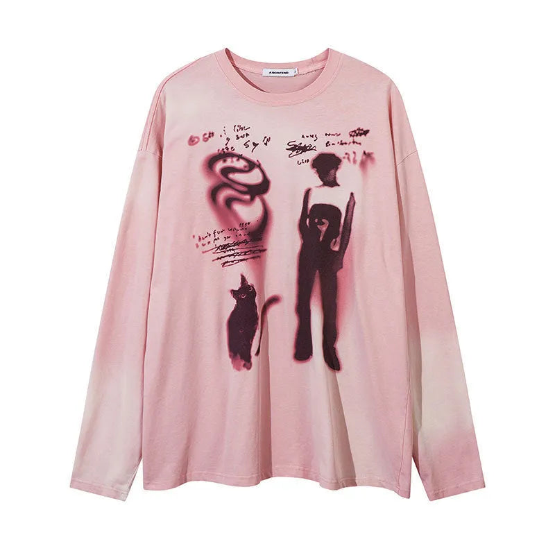Women's dark grey loose fit cotton pullover top with drop shoulders and letter print pattern