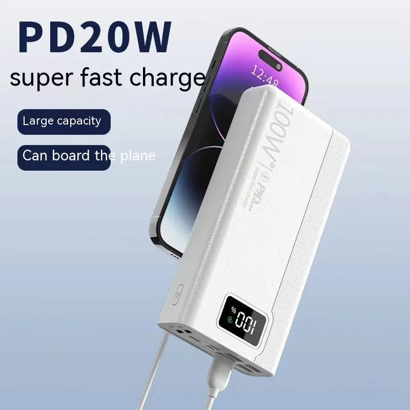 Black and white large capacity power bank showing front view with dimensions 150mm by 76mm.