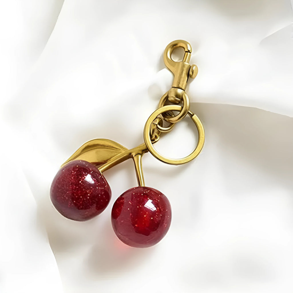 Zinc alloy key ring pendant with three-dimensional cherry design in pink colour