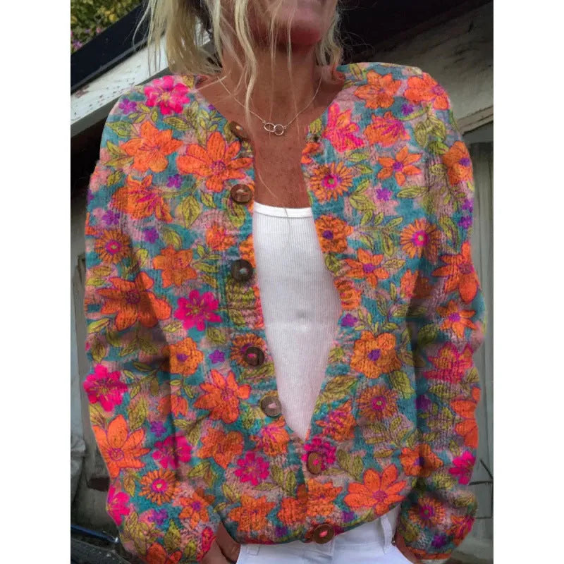 Yellow women's knitted cardigan coat with a 3D digital print pattern.