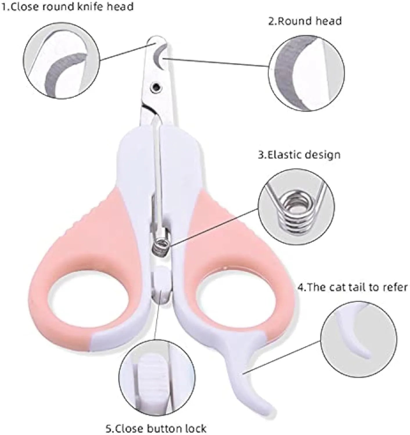 Grey and pink handled cat nail clippers with angled stainless steel blade and safety lock.