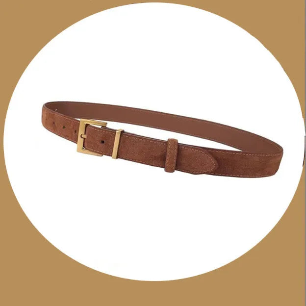 Ladies' genuine leather pin buckle belt in black, shown with a quadrilateral alloy buckle.
