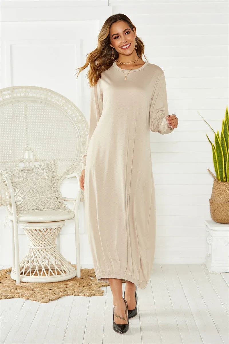 Black loose lantern dress with lace-up crew neck in Japanese Korean casual style