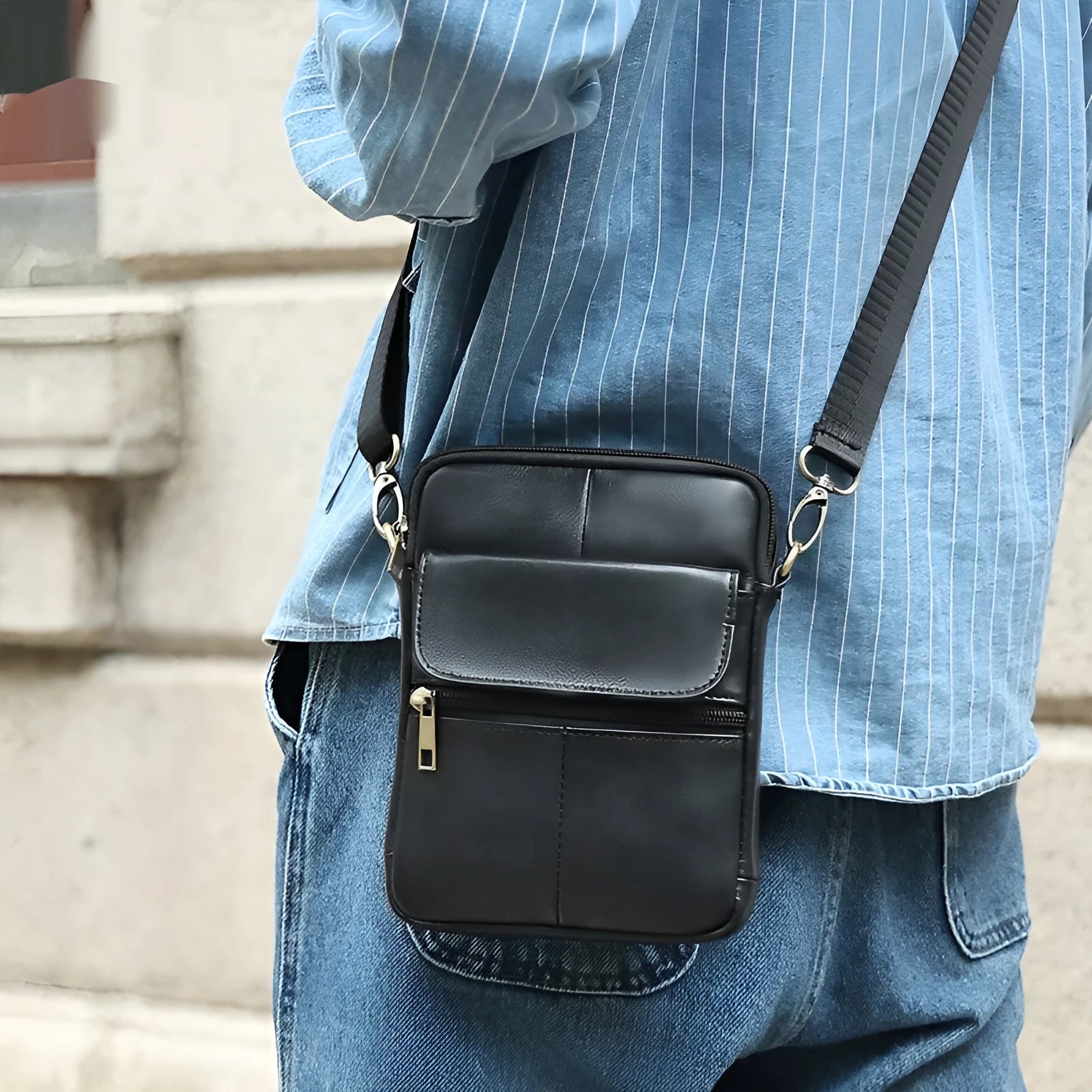 Men's brown genuine leather crossbody shoulder bag with shoulder strap and sewing line detailing