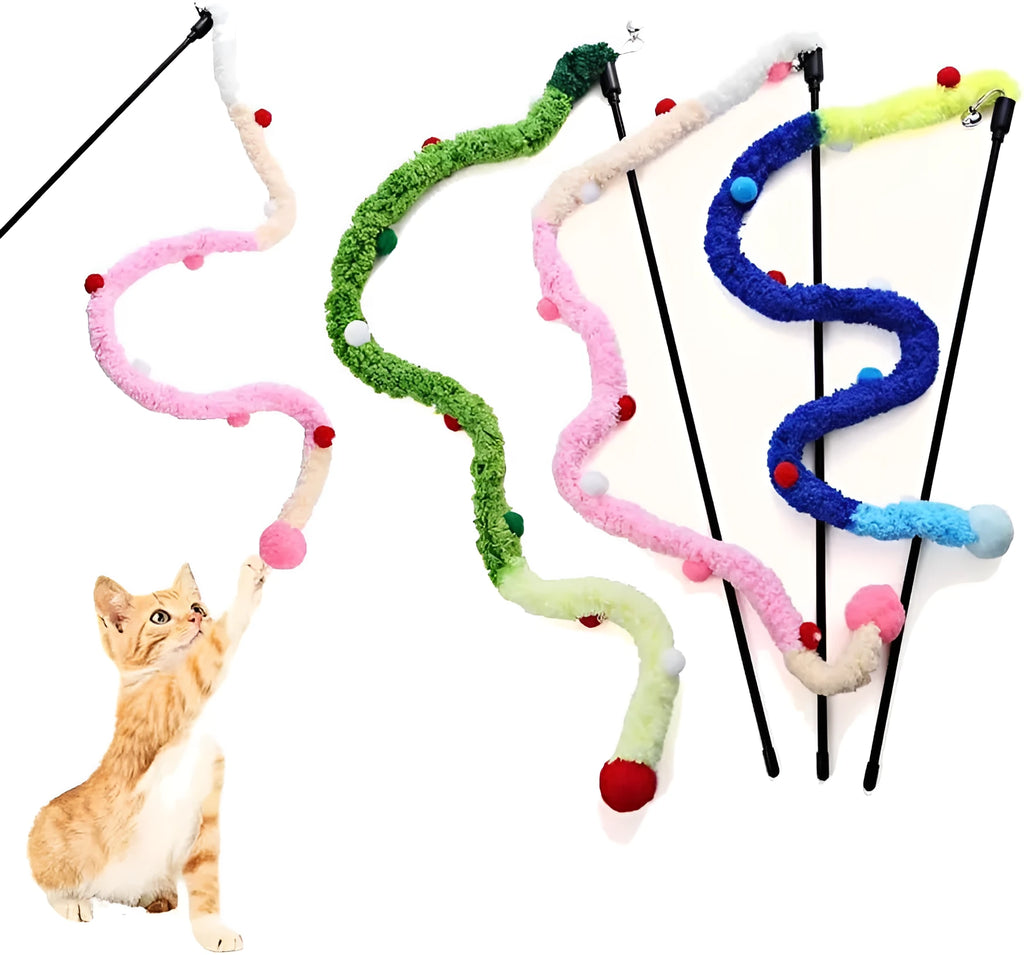 Interactive cat wand toy with a long blue plush strip, fluffy ball, and bells on a stick.