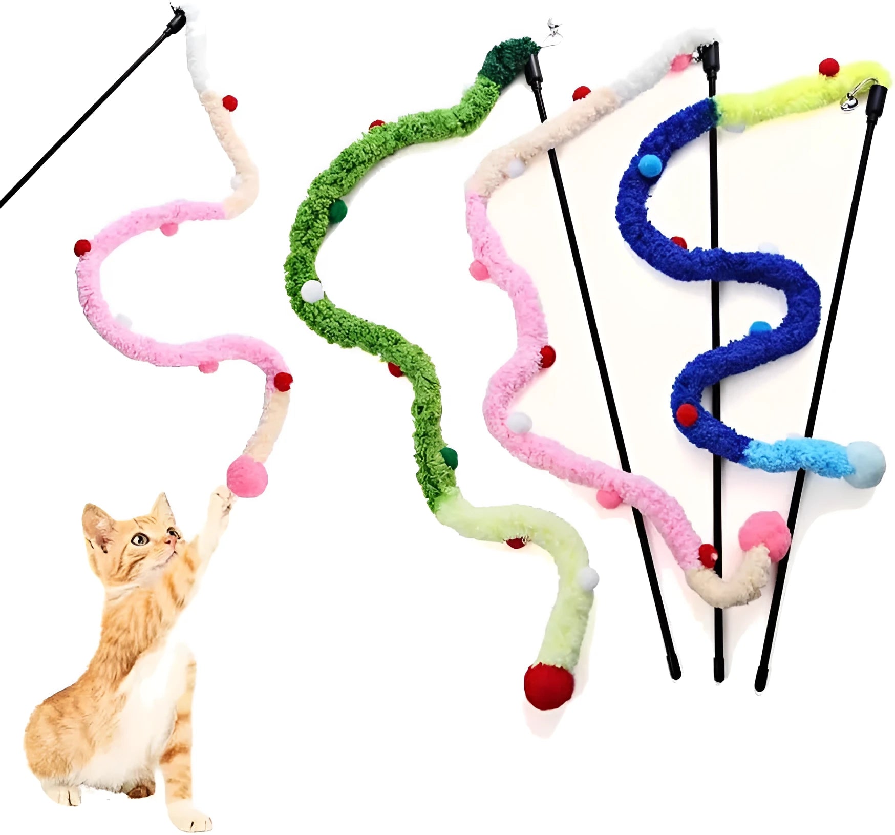 Interactive cat wand toy with a long blue plush strip, fluffy ball, and bells on a stick.