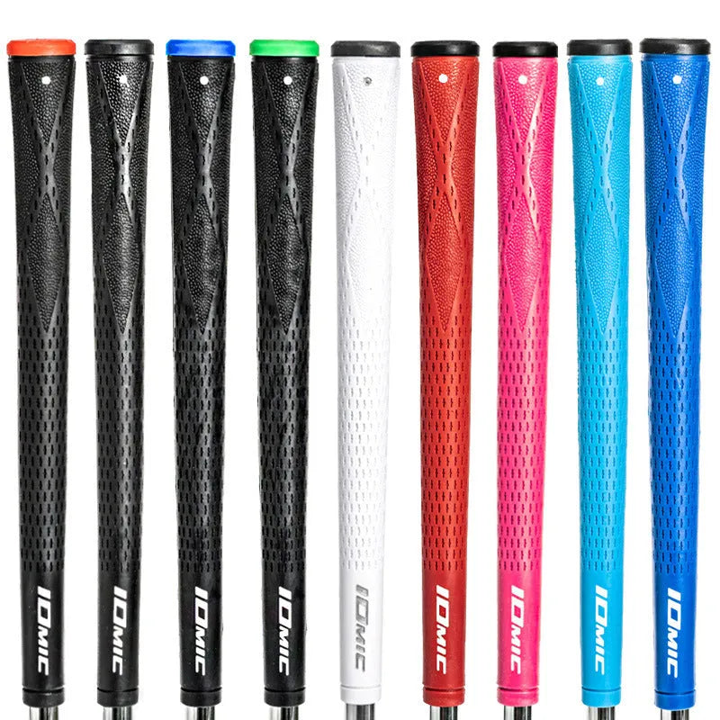 TPE non-slip golf grip in assorted colours including pink, red, blue, white, and black combinations.