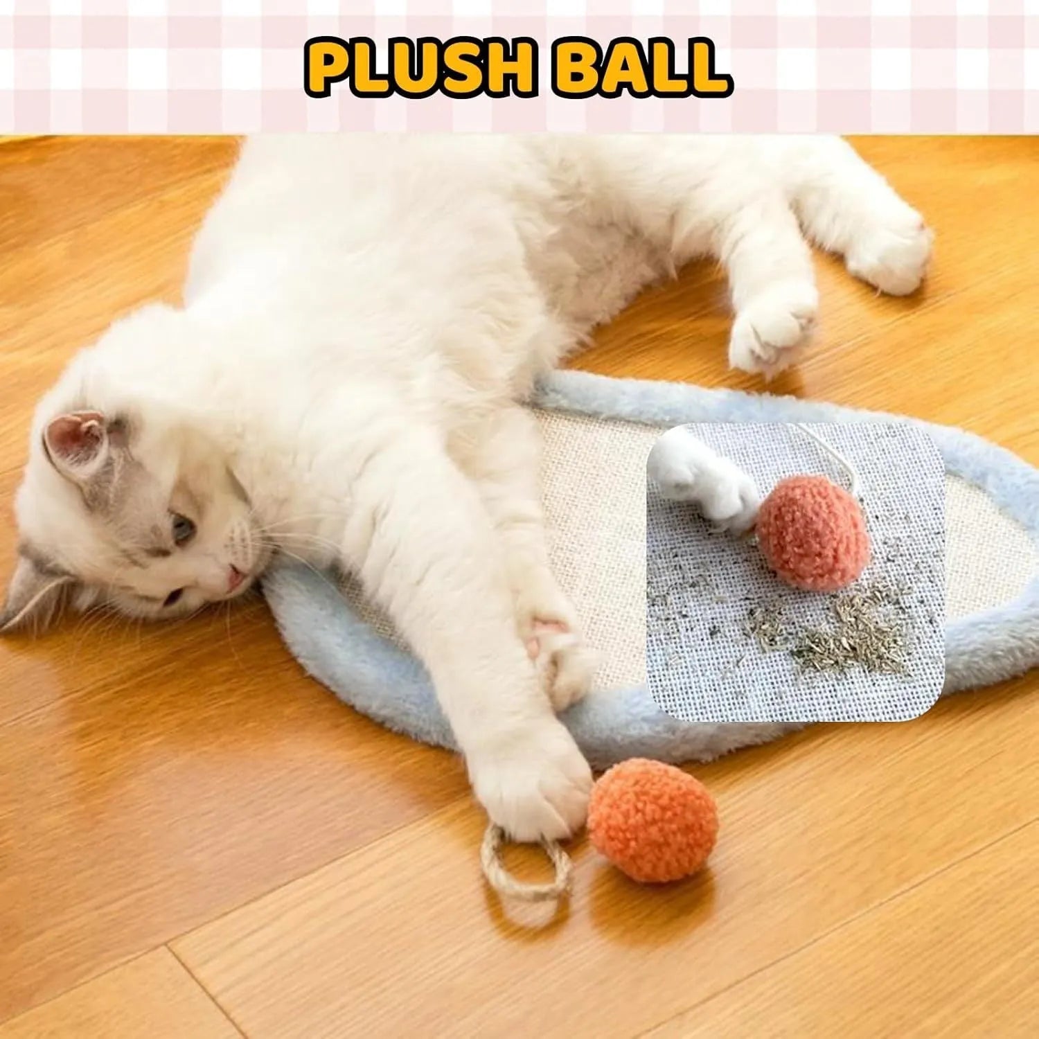 White wall-mounted cat scratching mat with sleeping cat cartoon design made from natural sisal