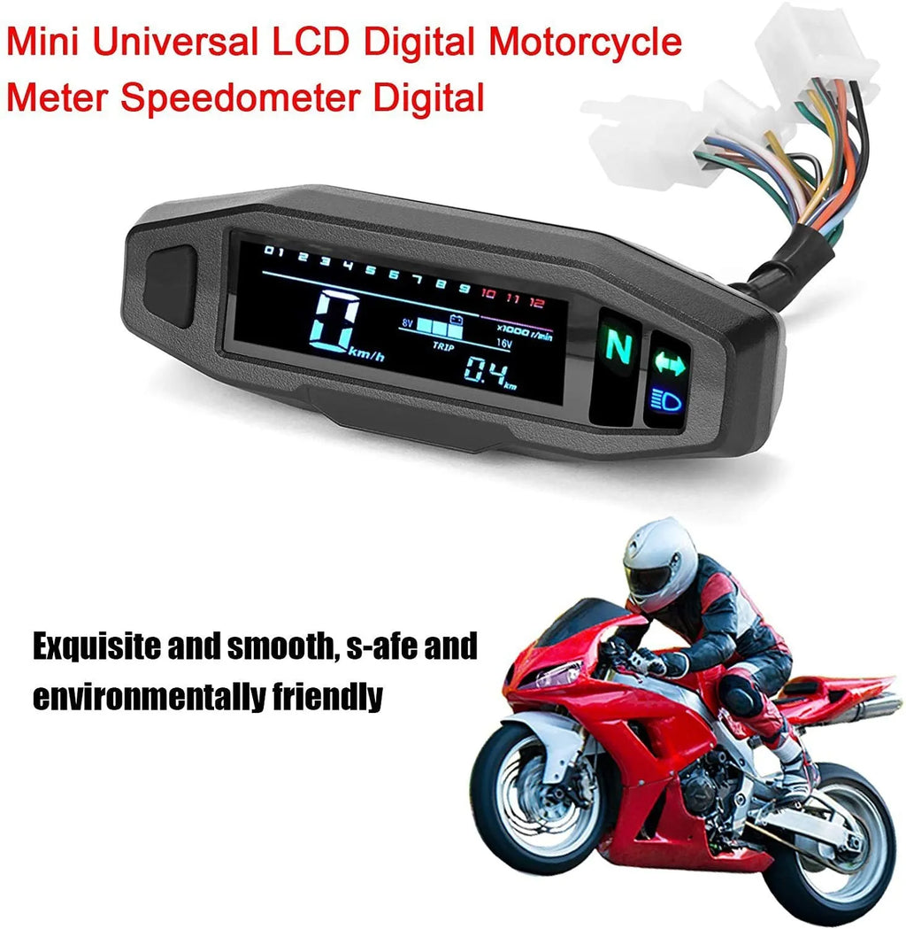 Black motorcycle mini speedometer with LCD display showing oil gauge and speed readings