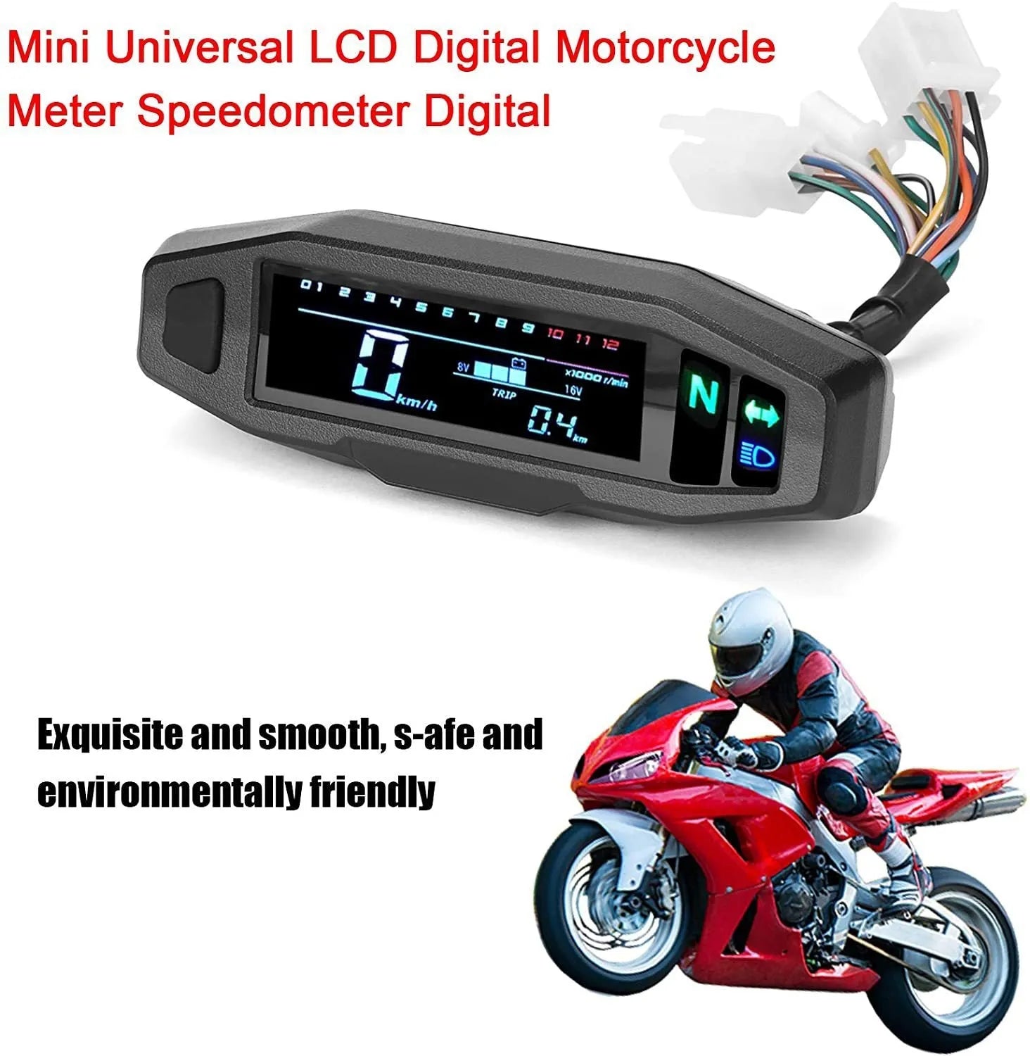Black motorcycle mini speedometer with LCD display showing oil gauge and speed readings
