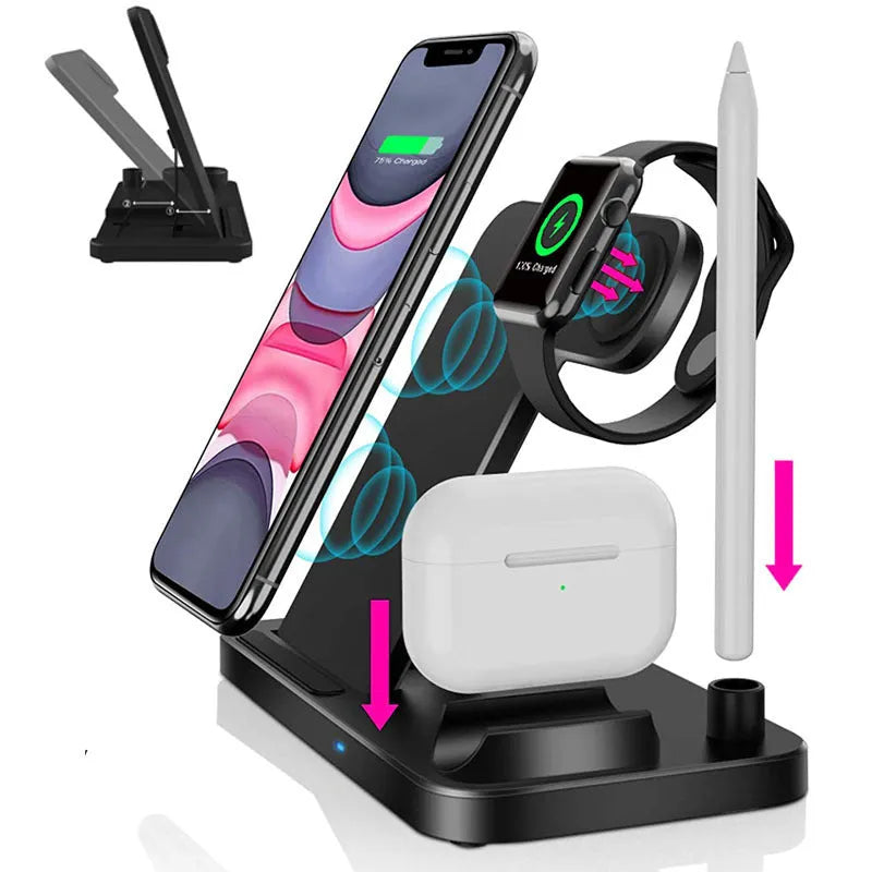 Folding 4-in-1 wireless charger showing MagSafe pad for iPhone and Apple Pencil charger in Space Grey colour.