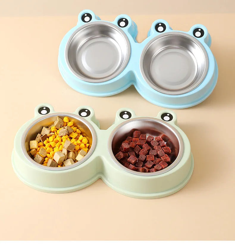 Stainless steel double pet bowl with frog design in blue, green, or pink colours