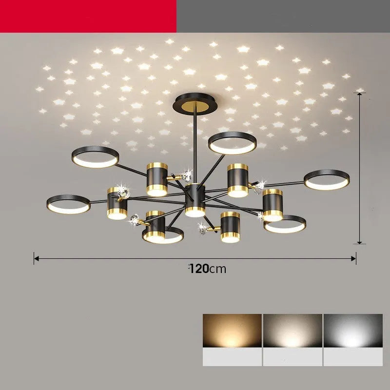 Black iron pendant chandelier with 13 star lamp heads and adjustable suspension