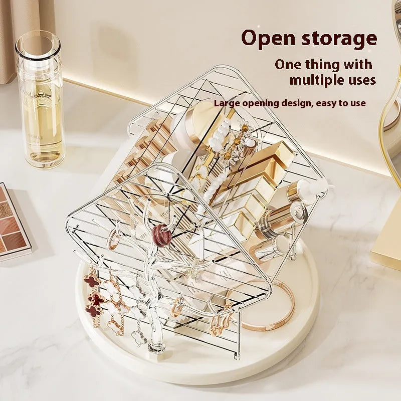 Clear and amber gold rotating plastic cosmetics storage box on a vanity.