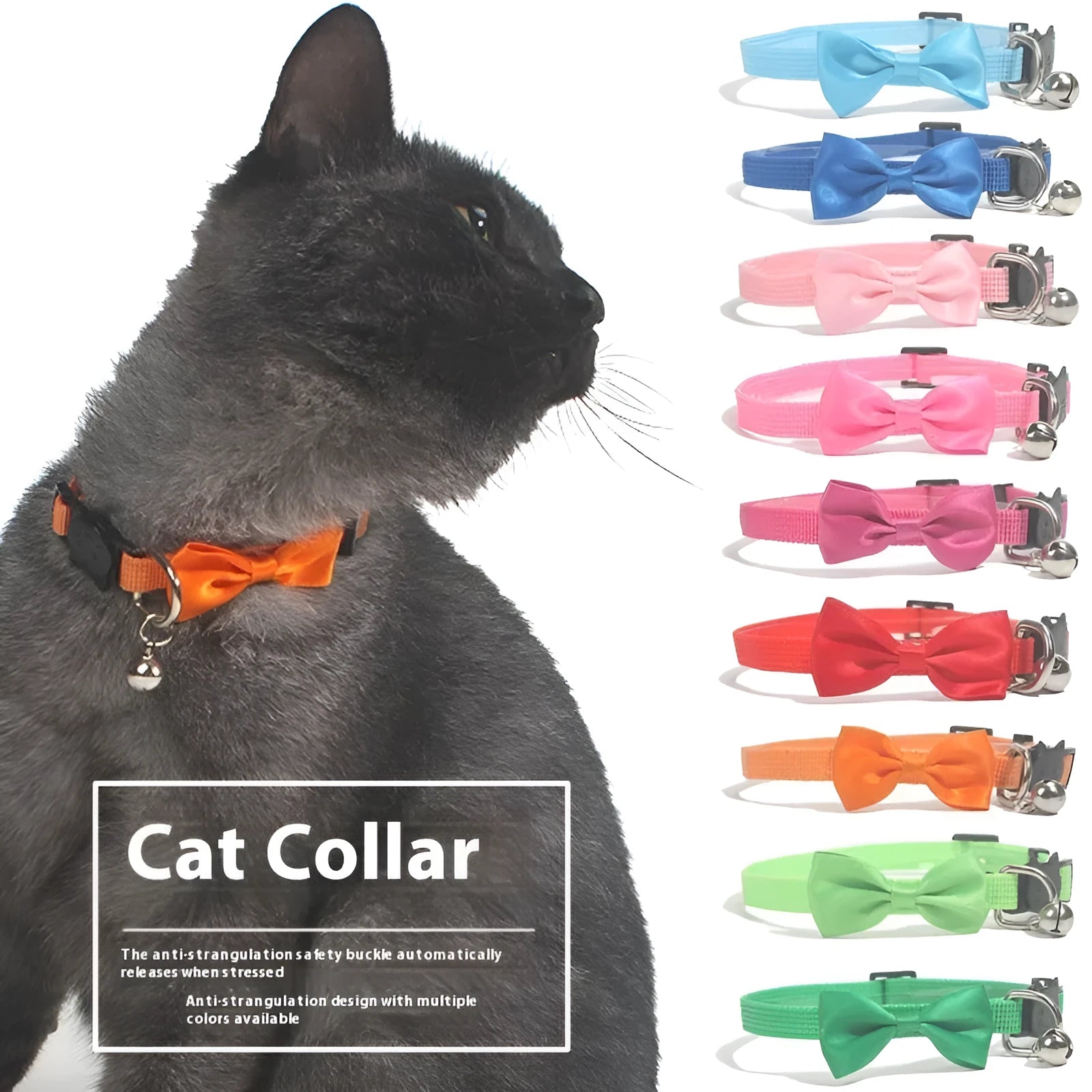 Striped adjustable cat bow collar with bell in multiple colour options