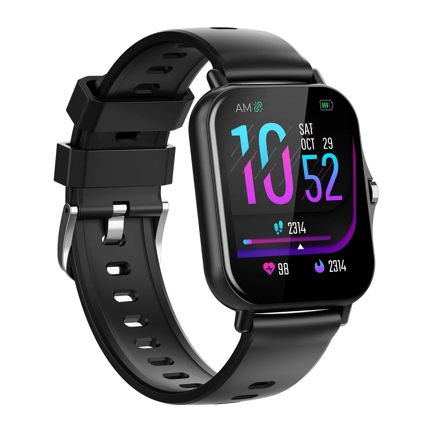 W10 Bluetooth smart watch for heart rate and blood pressure monitoring in blue, black, gold, or silver colours.
