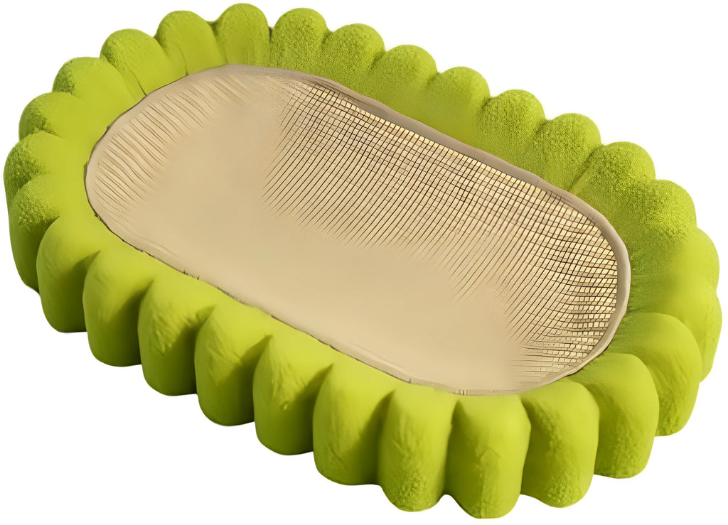Green oval cat scratch pad bowl with sisal scratching surface measuring 650mm