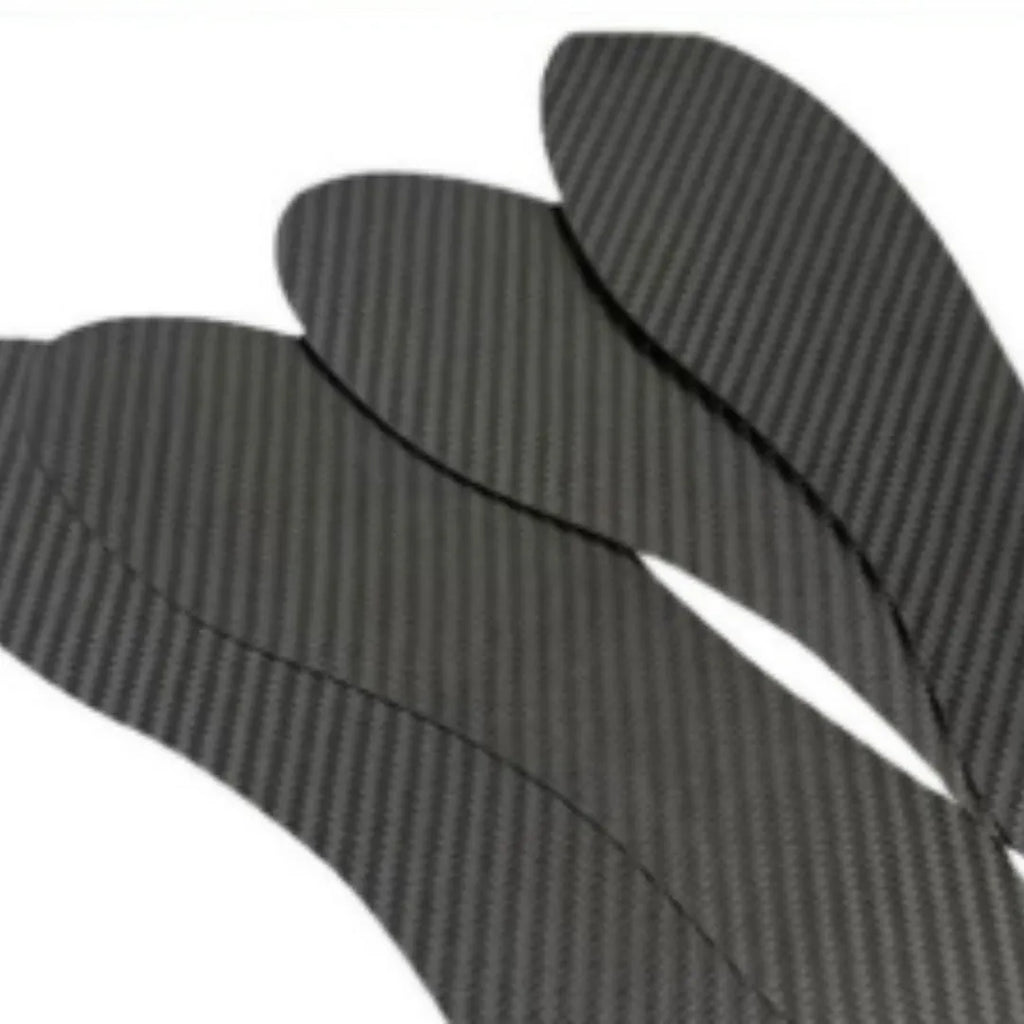 Black carbon fibre running insoles with 3K weave pattern showing full palm construction