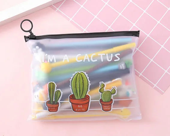 Twenty colourful cartoon cactus design 0.5mm black ink pens in plastic storage case measuring 21 by 17 centimetres