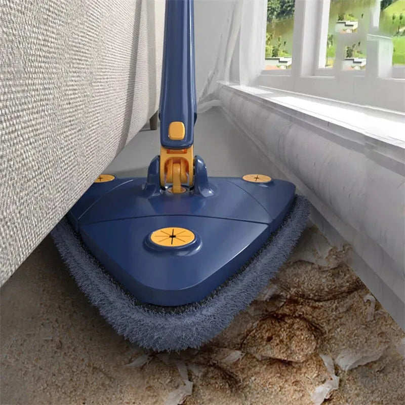 Blue extendable triangle cleaning mop with rotatable head on a stainless steel pole.