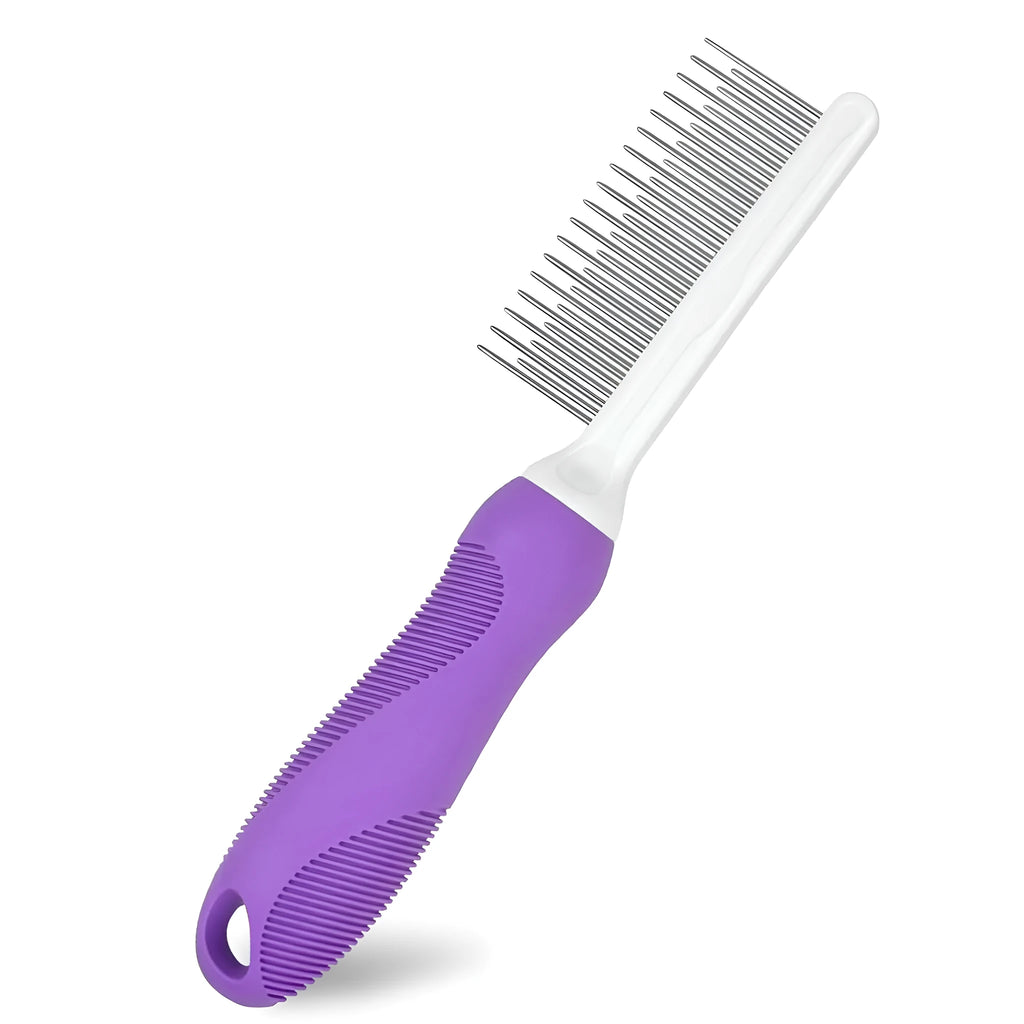 Purple pet detangling comb with stainless steel teeth shown on a dark background