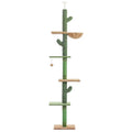 Tall cactus-shaped cat tree with integrated scratch board and nest on a solid wood frame.