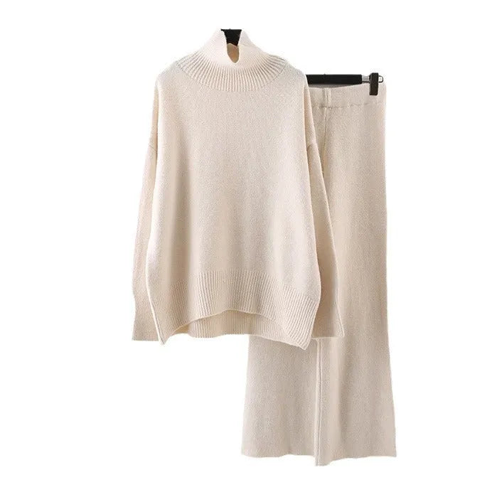 Women's milky white acrylic fibre sweater and wide-leg trousers two-piece casual set.