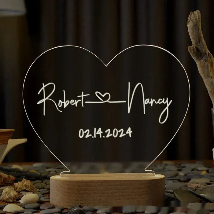 Custom personalised night light with names and date for Valentine's Day anniversary gift