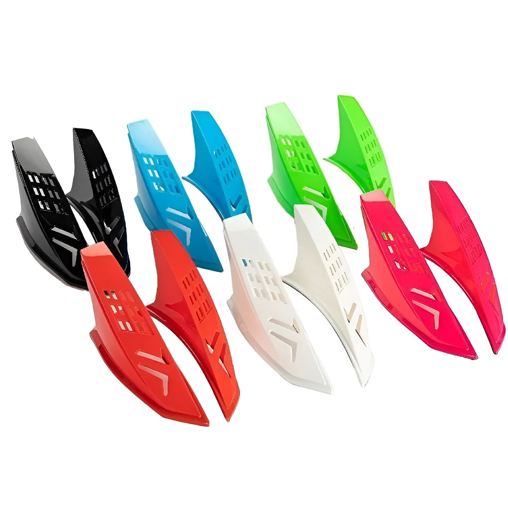 A pair of coloured decorative horn attachments for a child's motorbike or ski helmet.
