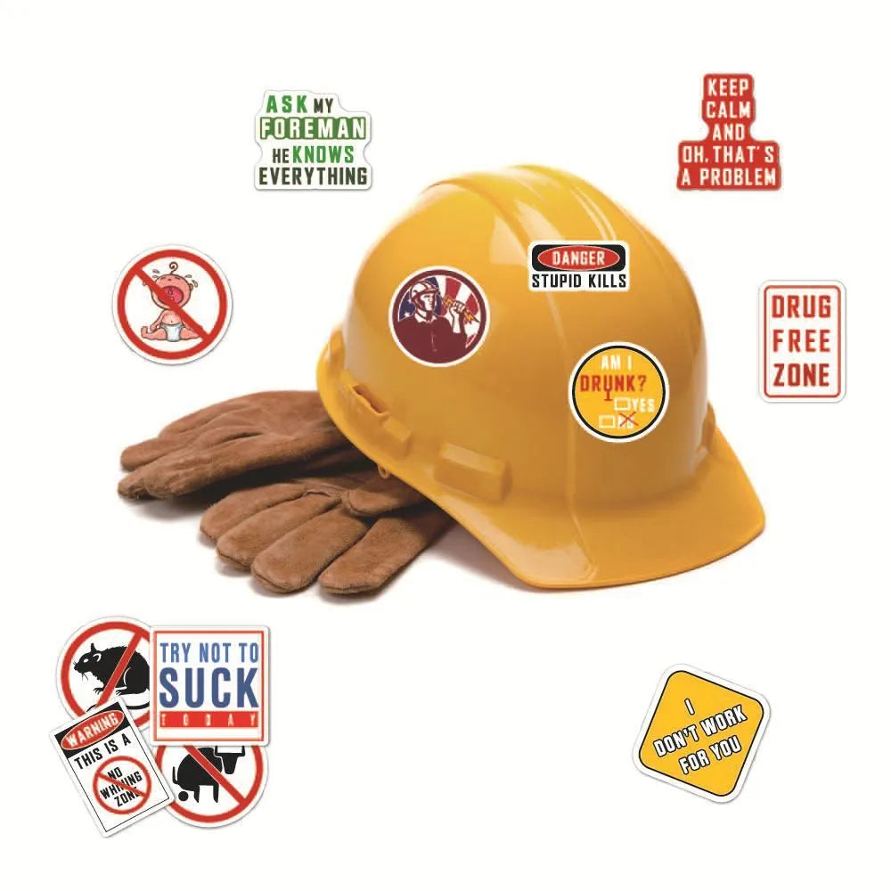 Pack of 50 waterproof PVC warning stickers with bright film coating for helmets and sports equipment.