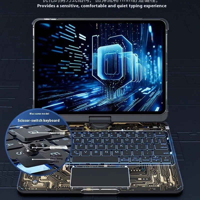 Transparent rotating keyboard case for iPad Air 5 tablet showing wireless keyboard and 360° magnetic stand