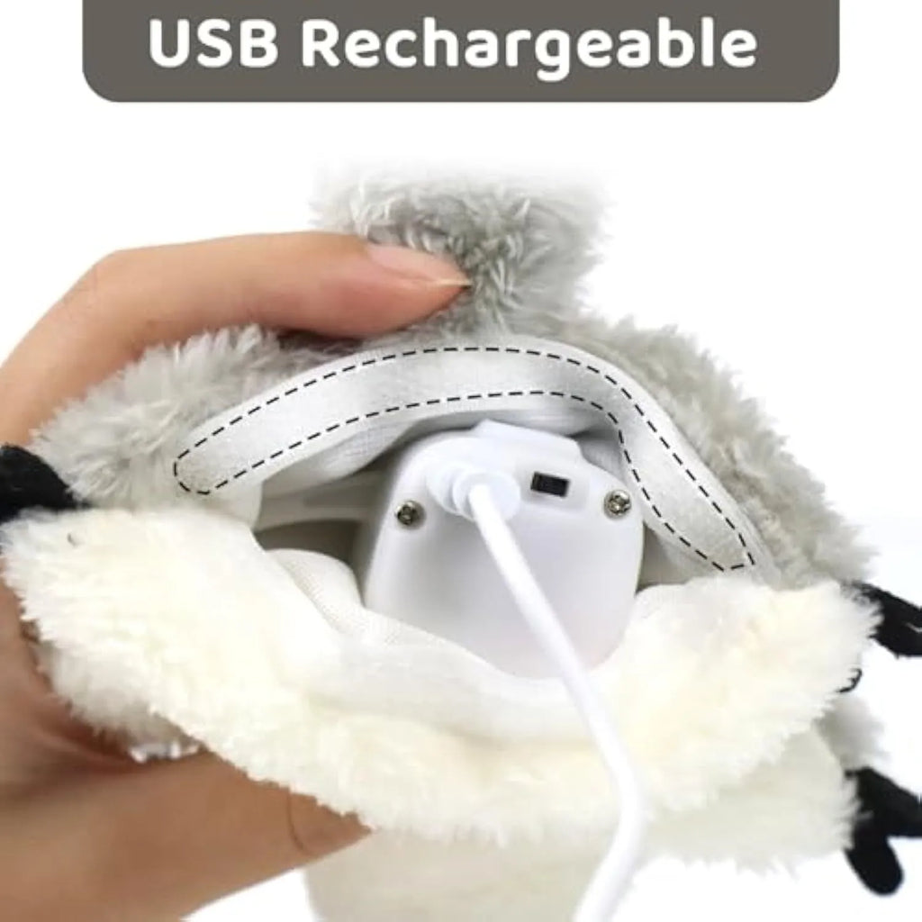 Gray flapping squirrel cat toy with USB charging cable for interactive play