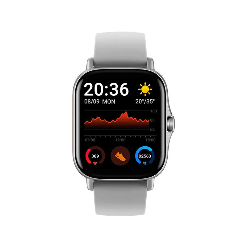 GT20 black smartwatch with alloy case and silicone strap on a wrist, displaying heart rate data.