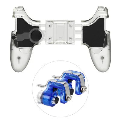 Black and brown black mobile phone plug-in gamepad with physical buttons for auxiliary gaming control.