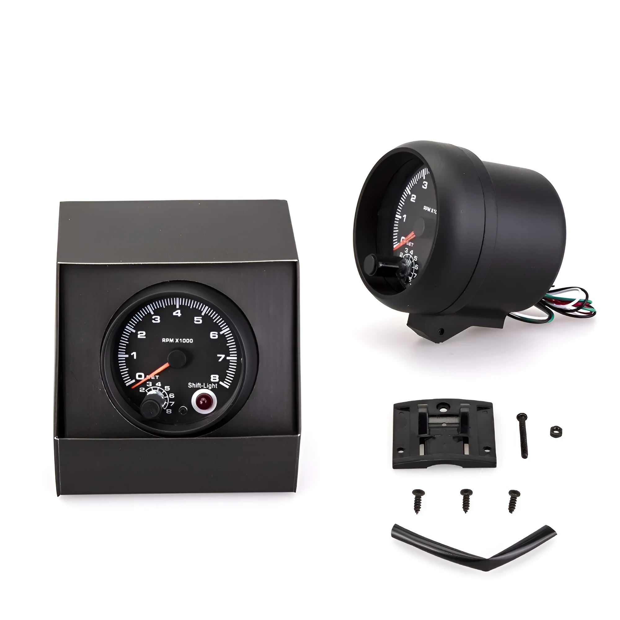 Black universal automotive tachometer with blue light pointer and scale showing rpm.
