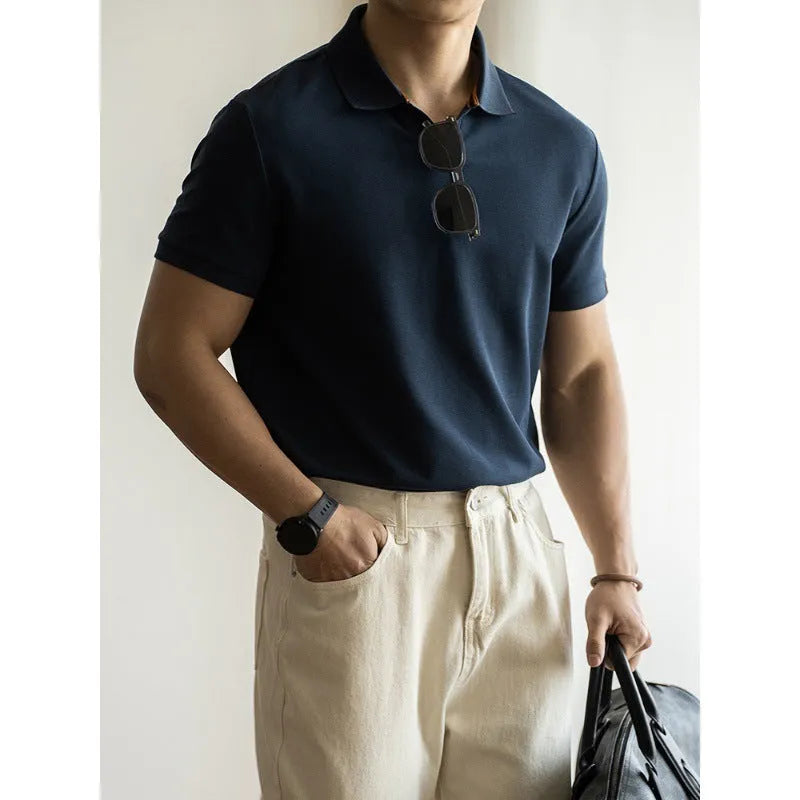 American-style cotton blend short-sleeved polo shirt in blue on a hanger